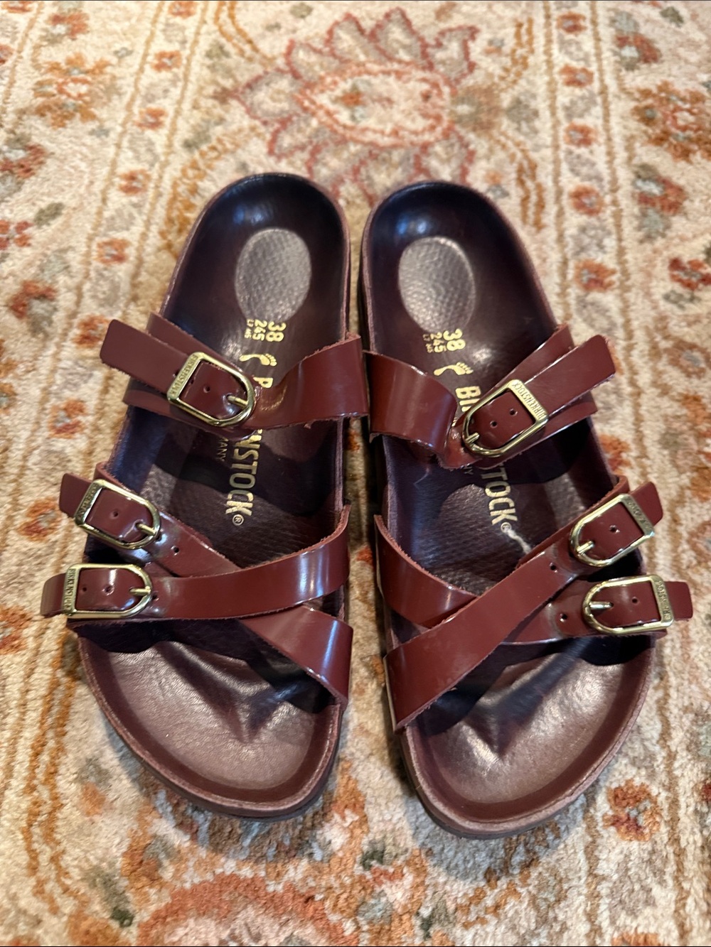 Birkenstock Women’s Triple Buckle Sandals in Dark Redish Brown with Gold Buckles